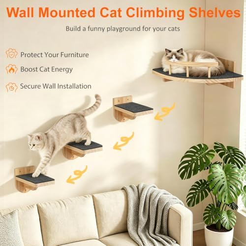 Cat Wall Shelves with 3 Perch Steps, Cat Wall Climber Furniture Up to 26lbs - Image 2