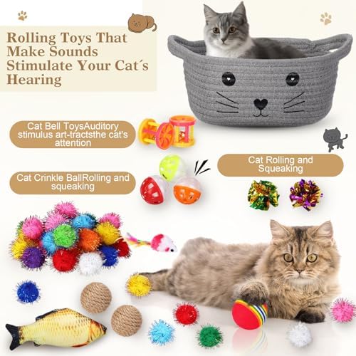 Zopeal 58 Pcs Cat Toy Set with Storage Basket Indoor, Grey, 9.8 Inch - Image 3