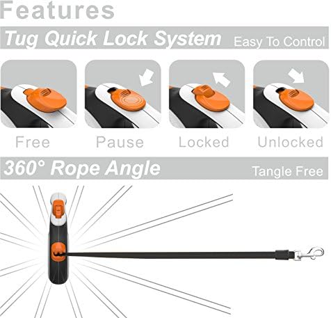 TUG 360° Tangle-Free Retractable Dog Leash with Waste Bag Dispenser (Medium, White/Orange)