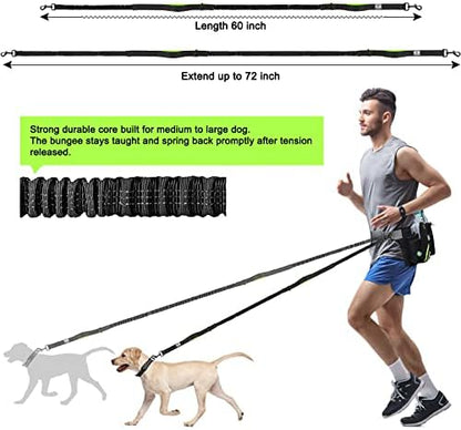 SHINE HAI Retractable Hands Free Dog Leash with Dual Bungees for 2 Dogs, Adjustable Waist Belt, Reflective Stitching Leash for Running Walking Hiking Jogging Biking Black - Green1 - Image 4