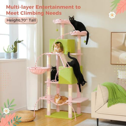 MUTTROS Flower Cat Tree Tall 70.8" for Adult Indoor Cats, 8-Levels Large Cat Tower with 8 Sisal Posts, 2 Hammocks, 2 Condos, Big Perch & 3 Pom Poms for Multi-Cats Household – Carpet Pink - Image 3