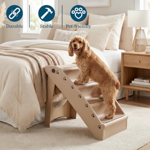 Pet Stairs - Home and Vehicle Foldable Nonslip Dog Steps with 4-Step Design - For Puppies, Kittens, and Other Small Pets by PETMAKER (Tan) - Image 3