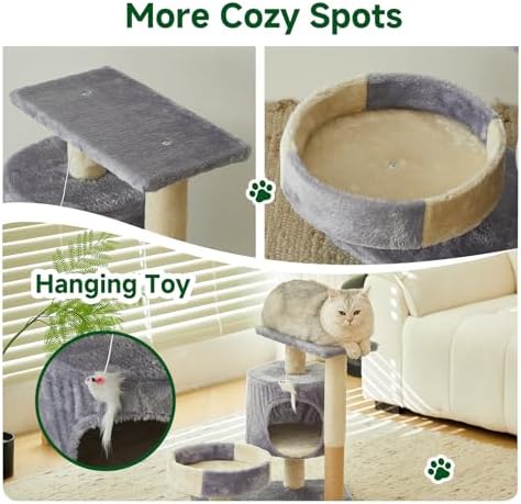 Cat Tree with Condo, Perch, and Scratching Posts, Gray and Beige, Multi-Level Tower with Hanging Toy - Image 7
