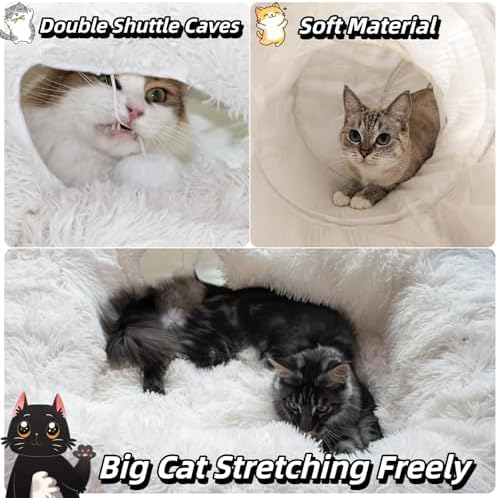XxingSheep 4 Cave Shuttled XL Cat Tunnel Bed for Indoor Cats Peekaboo Toy Donut with Warm Mat, White - Image 3