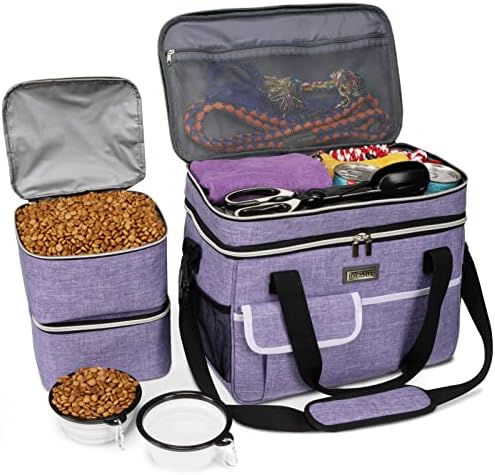 BAGLHER Dog Travel Bag for Supplies - Double-Layer Airline Approved Weekend Pet Travel Organizer Set for Dog and Cat Tote with 2 Pet Food Containers and 2 Collapsible Silicone Bowls Purple by BAGLHER