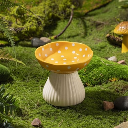 Mushroom Cat Bowl, Raised Ceramic Cat Food Dish for Whisker Fatigue, Forest Style Pet Water Bowl, Elevated Tilted Neck Protection Feeder for Indoor (Yellow) by Whimsicalfox