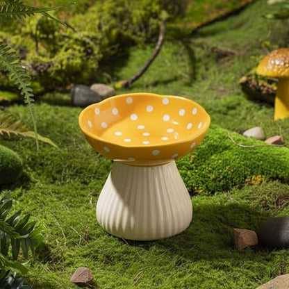 Mushroom Cat Bowl, Raised Ceramic Cat Food Dish for Whisker Fatigue, Forest Style Pet Water Bowl, Elevated Tilted Neck Protection Feeder for Indoor (Yellow) by Whimsicalfox