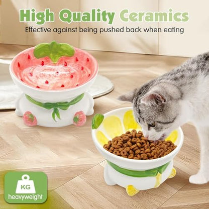 kathson Ceramic Raised Cat Bowl, 15° Tilted Elevated Cat Food Bowl, Raised Cat Food Bowls Anti Vomiting, Small Cat Feeding Bowlswith Stand for Protecting Spine, Strawberry Shaped Cute Kitten Bowl - Image 3