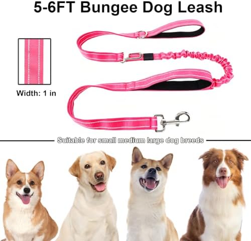 Bungee Dog Leash 5FT-6FT Shock Absorbing, Heavy Duty Tactical Dog Lead with Padded Double Handles, Car Seat Belt, No Pull Reflective Training Leashes for Medium Large Dogs (Hot Pink) - Image 6