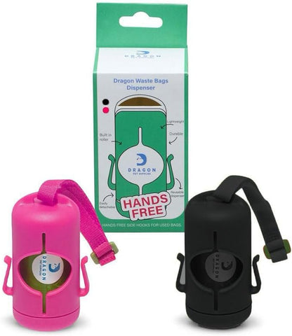 DRAGON Waste Bags Durable Dispenser, Dog poop bags holder with Two Hooks on the side for Used Poop Bags, leash attachment strap and 15 Poop Bags (Pink)