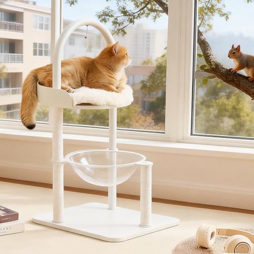 34" Modern Cat Tree Furniture for Indoor Small & Medium Cats, Minimalist Cat Tower with Scratching Posts, Wood Platforms, Capsule Perch, Stable Steel Frame & Washable Cushion, Soft White - Image 2