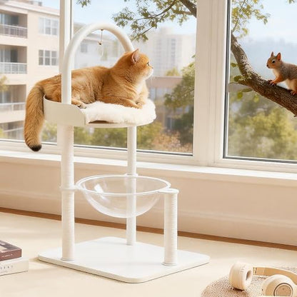 34" Modern Cat Tree Furniture for Indoor Small & Medium Cats, Minimalist Cat Tower with Scratching Posts, Wood Platforms, Capsule Perch, Stable Steel Frame & Washable Cushion, Soft White - Image 2
