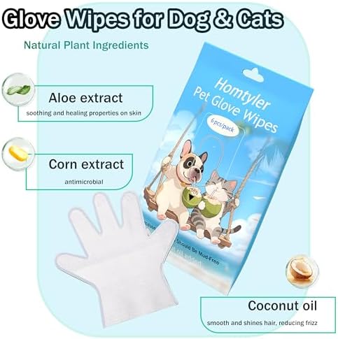 Homtyler Dog Wipes & Cleaning Gloves 2-in-1 for Dogs and Cats, Extra-Thick Pet Wipes with Coconut Oil for Lick-Safe Paws, Eyes, Ears & Body, Rinse-Free Waterless Bath for Deodorizing&Cleansing, 6 PCS - Image 2