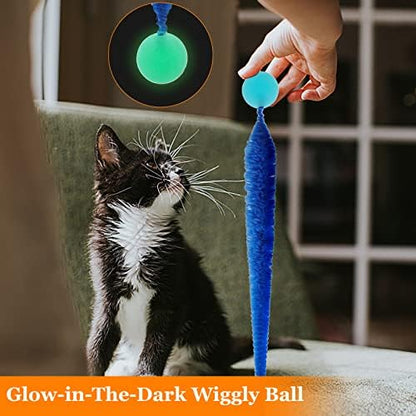 SHENGSEN Bouncy Ball with Tail Cat Toys-5 Packs,Large Magic Worm with Fluorescent Ball Toy for Cats,Colorful Fuzzy Worm Bouncy Glow Balls Cat Toy - Image 2