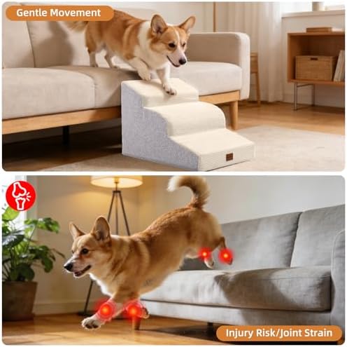 Dog Stairs for Small Dogs,15.7" H,3-Step Curved Pet Ramp for Bed Couch Sofa and Chair,Non-Slip Pet Steps for Injured & Senior Pets with Washable Cover and Durable High Density Foam,Beige - Image 3