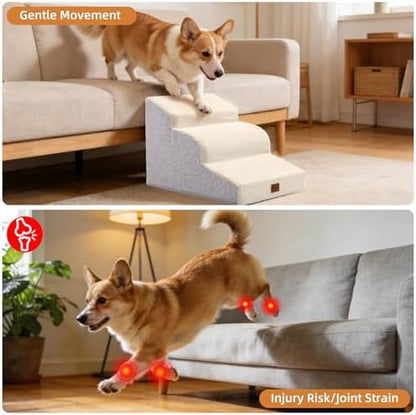 Dog Stairs for Small Dogs,15.7" H,3-Step Curved Pet Ramp for Bed Couch Sofa and Chair,Non-Slip Pet Steps for Injured & Senior Pets with Washable Cover and Durable High Density Foam,Beige - Image 3