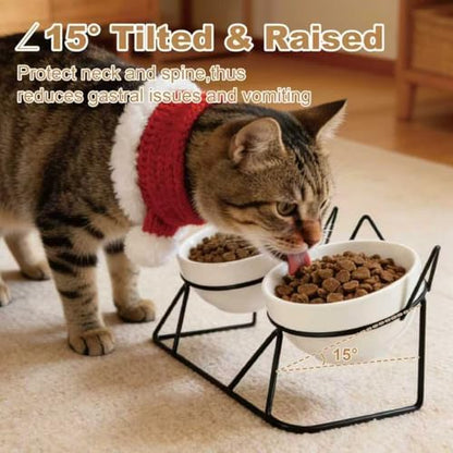 Elevated Tilted Cat Bowls for Indoor Cats，Raised Ceramic Cat Bowl Elevated 15°,Pet Feeding Bowls for Food and Water Anti Vomiting Bowl(Double Ceramics and Tilt Shelf) Suitable - Image 3