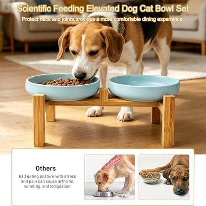Shallow Elevated Cat Bowls with Bamboo Stand, 6.1 Inch Wide Ceramic Cat Dish Whisker Friendly, 2 Pack Pet Food and Water Plates - Image 3