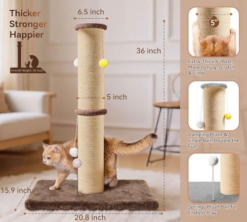 5-Inch Sisal Cat Scratching Post, 36" Tall Scratch Tower, Brown - Image 2