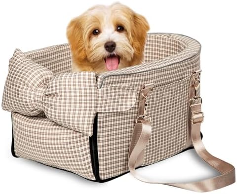 Prpeko Dog Car Seat for Small Dogs,Center Console Seat for Puppy,Anti-Collapse Pet Car Seat with Soft Cushion Safety Belt, Portable Car Armrest Seat for Dog & Cat Under 15 lbs (Grid-Brown) by Prpeko