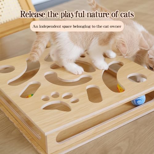 Interactive Wooden Cat Puzzle Toy Box with 4 Balls Interactive Cat Toy for Indoor Cats Indoor Hunting Play Toy Treat Puzzle Toys for Cats - Image 3
