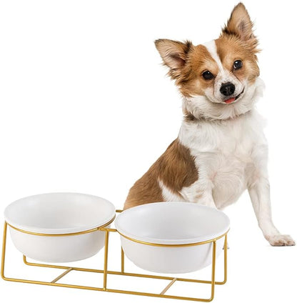 Elevated Dog Bowls for Small Dogs - 2 Ceramic Bowls with Gold Iron Stand - Raised Pet Dish Set for Food and Water - Comfortable Feeding