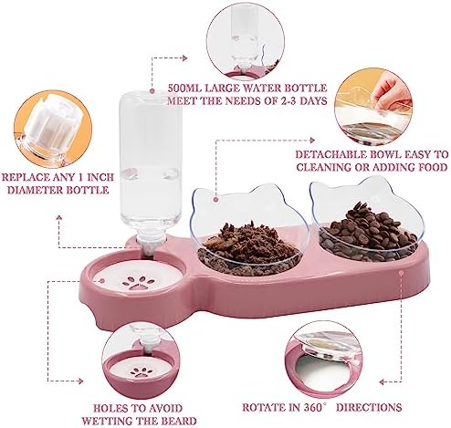 Triple Cat Bowls,15°Tilt 3-in-1 Water Feeder Bowls Cat Double Food Bowls with Automatic Water Bottle Bowl, Whisker Friendly Wet and Dry Cat Elevated Feeding Dishes for Small Cat and Puppy (Pink) - Image 3