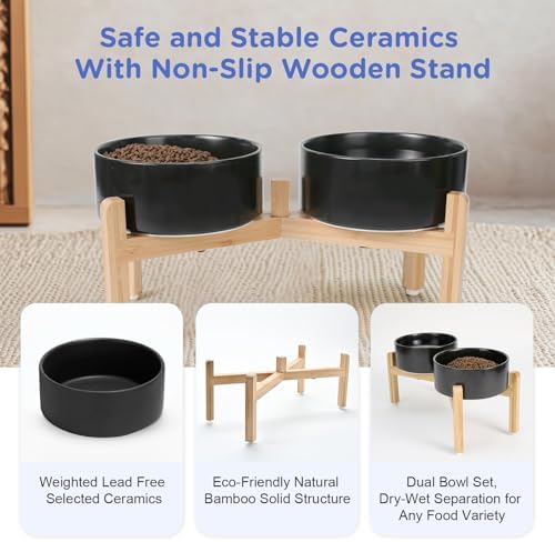 SPUNKYJUNKY Elevated Dog Bowls Ceramic, 7.3'' Dogs Food Water Bowls Raised with Non-Slip Bamboo Stand for Medium to Large Sized Breed Microwave Dishwasher Safe - 42 OZ,Black - Image 6