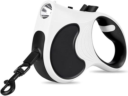 Retractable Dog Leash with Flashlight, 16ft Dog Walking Leash for Dogs up to 77lbs, 360° Tangle-Free Nylonup Leash, Anti-Slip Handle -White
