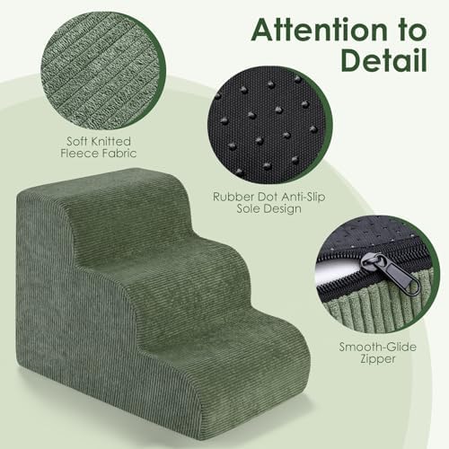 Dog Stairs, 15" H 3 Steps Dog Ramp for Couch Bed Non-Slip Pet Stairs for Cats Puppy Senior Injured Dogs, High-Density Foam Up to 50 Lbs, Washable Cover, Green - Image 6