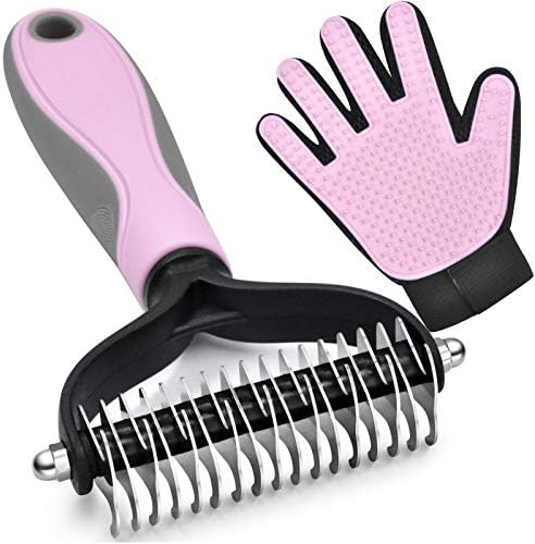 Double-Sided Undercoat Rake for Deshedding & Dematting Pets - Gentle Grooming Glove Kit for Dogs & Cats (Pink, 2 Pack) by KAIFONG