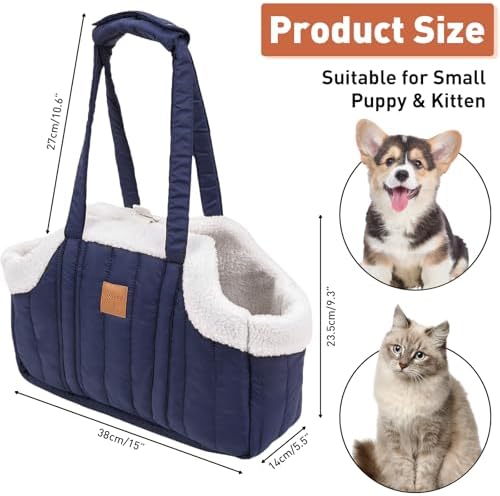ETIAL Small Dog Carrier Purse, Winter Fleece Warm Dog Tote Bag Carrier with Secure Harness Clip for Puppy Kitten, Waterproof Pet Travel Handbag for Shopping, Hiking and Walking (Dark Blue) - Image 2
