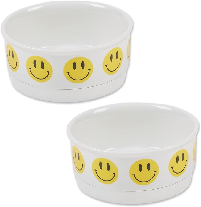 Bone Dry Ceramic Food Bowls, Non-Slip & Dishwasher Safe, Small Set, 4.25x2, Smiley Face, 2 Count