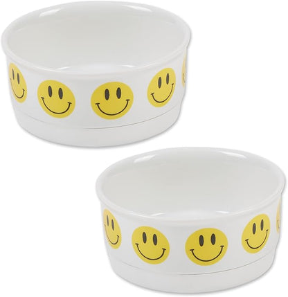 Bone Dry Ceramic Food Bowls, Non-Slip & Dishwasher Safe, Small Set, 4.25x2, Smiley Face, 2 Count