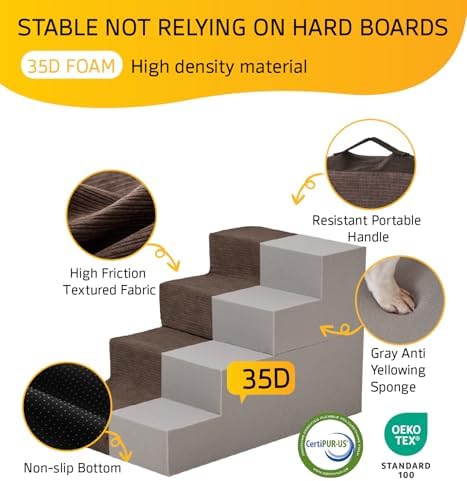 ABCPET Dog Stairs for High Bed, Dog Steps for Bed Couch Sofa, 35D Foam Extra Wide Pet Steps for Small Dogs and Cats, Pet Stairs with Non-Slip Bottom Brown, 4 Steps - Image 6