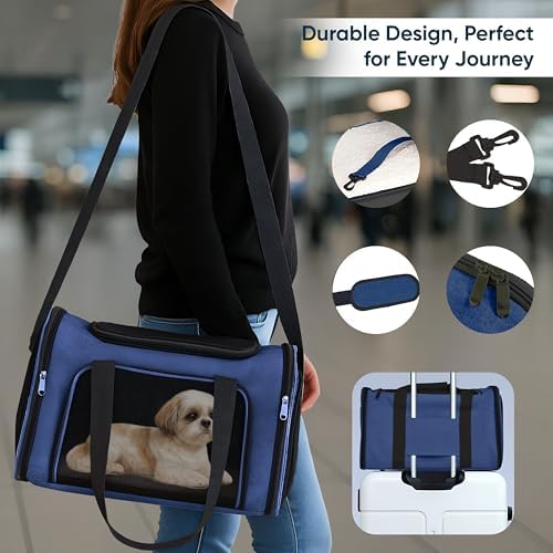 Pet Travel Carrier Bag – Airline Approved Soft-Sided Dog & Cat Carrier, Foldable, Breathable Mesh, Washable Pad – Fits Pets up to 15 lbs – The Pup Quartet (Blue) - Image 3