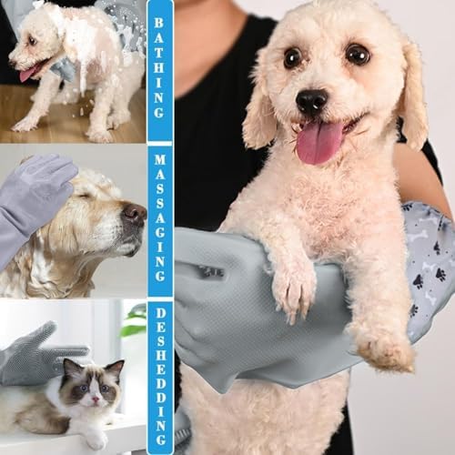 Dog Washing Gloves, Pet Grooming Gloves with Soft Brushes, Bathing and Massaging for Dogs and Cats, Silicone Heat Resistant Cleaning Gloves with High-Density Teeth (Gray) - Image 2