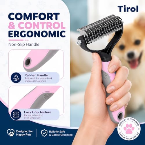TIROL Dematting Comb for Dogs, Pet Grooming Rake, Double-Sided Dog Brush for Shedding, Undercoat Mat Dematting Tool for Long Haired Cats, Deshedding Brush for Cats, Pink - Image 3