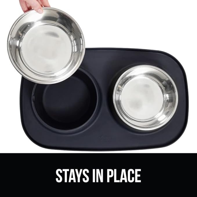 GORILLA GRIP Feeding Mat Set, Patent Pending 100% Waterproof BPA Free Silicone, Stainless Steel Cat and Dog Bowls, Slip Resistant, 1 Black mat/tray with 2 stainless steel bowls