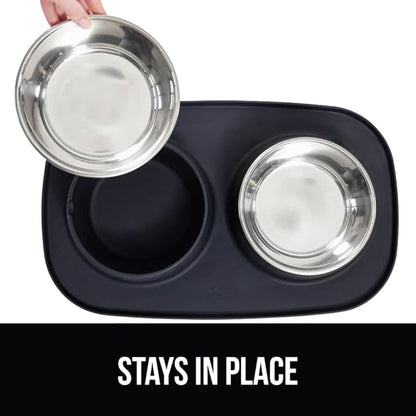 GORILLA GRIP Feeding Mat Set, Patent Pending 100% Waterproof BPA Free Silicone, Stainless Steel Cat and Dog Bowls, Slip Resistant, 1 Black mat/tray with 2 stainless steel bowls