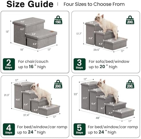 Love's cabin Dog Stairs for High Bed, Foldable Pet Stairs for Small Medium or Large Dogs Puppy with Storage for Bed or Couch, Cat Dog Steps Ramp with Zip up to 200 lbs, Solid Grey, 3 Steps - Image 2