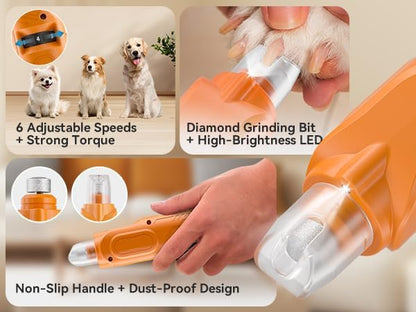 PAPIFFEED Dog Nail Grinder, Quiet 6-Speed Electric Nail Trimmer with Dual LED Light, Rechargeable for Small Medium Large Dogs, with Premium Nail Clipper (Orange Set)
