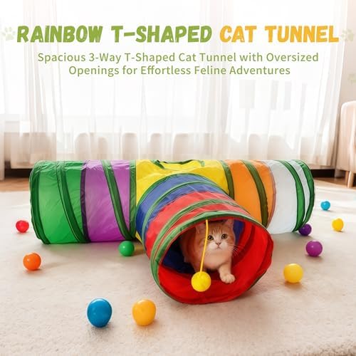 Cat Tunnel,Cat Tunnels for Indoor Cats Interactive, Pet Tunnel Toys for Cats Kitten Rabbits,3 Way Collapsible,Rainbow L 32" T Shape - Image 2