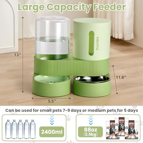 Automatic Cat Feeder Stainless Steel Water Dispenser Gravity Food Feeder and Waterer Set with Pet Food Bowl for Small Medium Kitten Puppy Pets Large Capacity(Green) - Image 2
