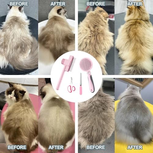 Cat Grooming Kit, 4-in-1 Cat Grooming Tools with Cats Brush, Flea Comb, Nail Clipper & Trimmer - Deshedding & Dematting for Pets Hair and Paws, Pet Shedding Set for Indoor Dogs & Cats (Pink) - Image 7