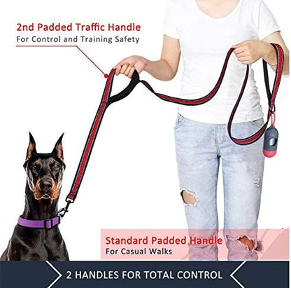 JSXD 5 FT Heavy Duty Double Handle Dog Leash with Comfortable Padded and Reflective Rope, Suitable for Small, Medium, Large Dogs (Wide-Red) - Image 2