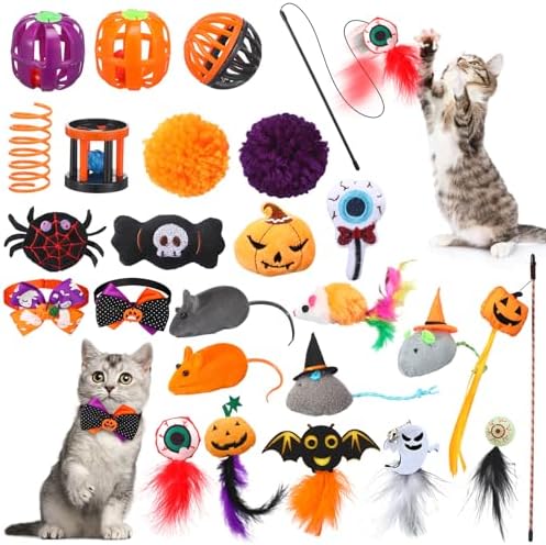 24 Pcs Halloween Catnip Toys, Mice Balls Feather Wands Plush Set by Sunnymove