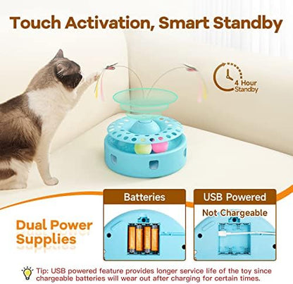 Potaroma Cat Toys 3-in-1 Automatic Interactive Kitten Toy, Fluttering Butterfly, Random Moving Ambush Feather, Track Balls, Dual Power Supplies, USB Powered, Indoor Exercise Cat Kicker (Blue) - Image 6