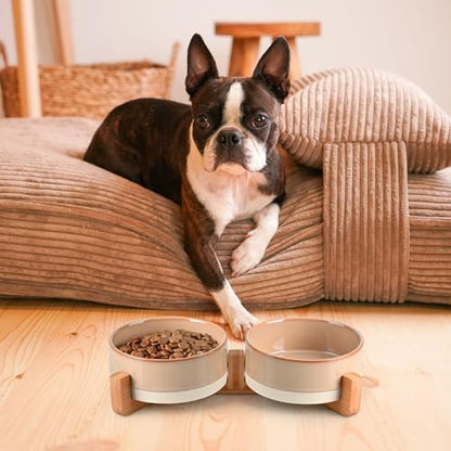 SPUNKYJUNKY Ceramic Dog and Cat Bowl Set with Wooden Stand, Modern Cute Weighted Food Water Bowl Set for Small Size Dogs (1.7 Cups, 2 × Pattern Brown) - Image 2