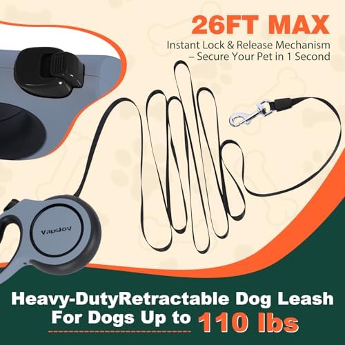 Retractable Dog Leash, 26ft Heavy Duty Retractable Pet Leash with Poop Bag Holder, 360° Tangle-Free for Small Medium Large Dogs Up to 110lbs, Anti-Slip Handle,One-Handed Brake Pause Lock（Gray） - Image 2